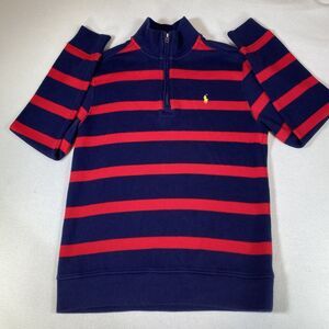 POLO RALPH LAUREN Boys Sz L (14-16) Cotton 1/4 Zip-Up Sweater Navy w Red Stripes